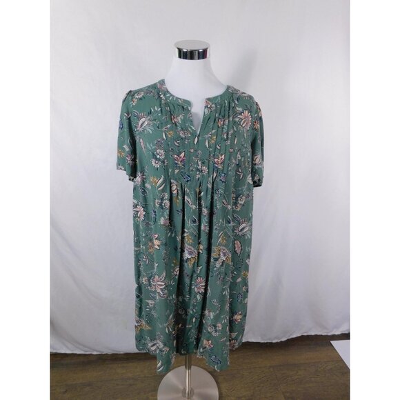 Floral Green Short Sleeve Tunic Dress Split Neck Boho Witch MP - Picture 1 of 12